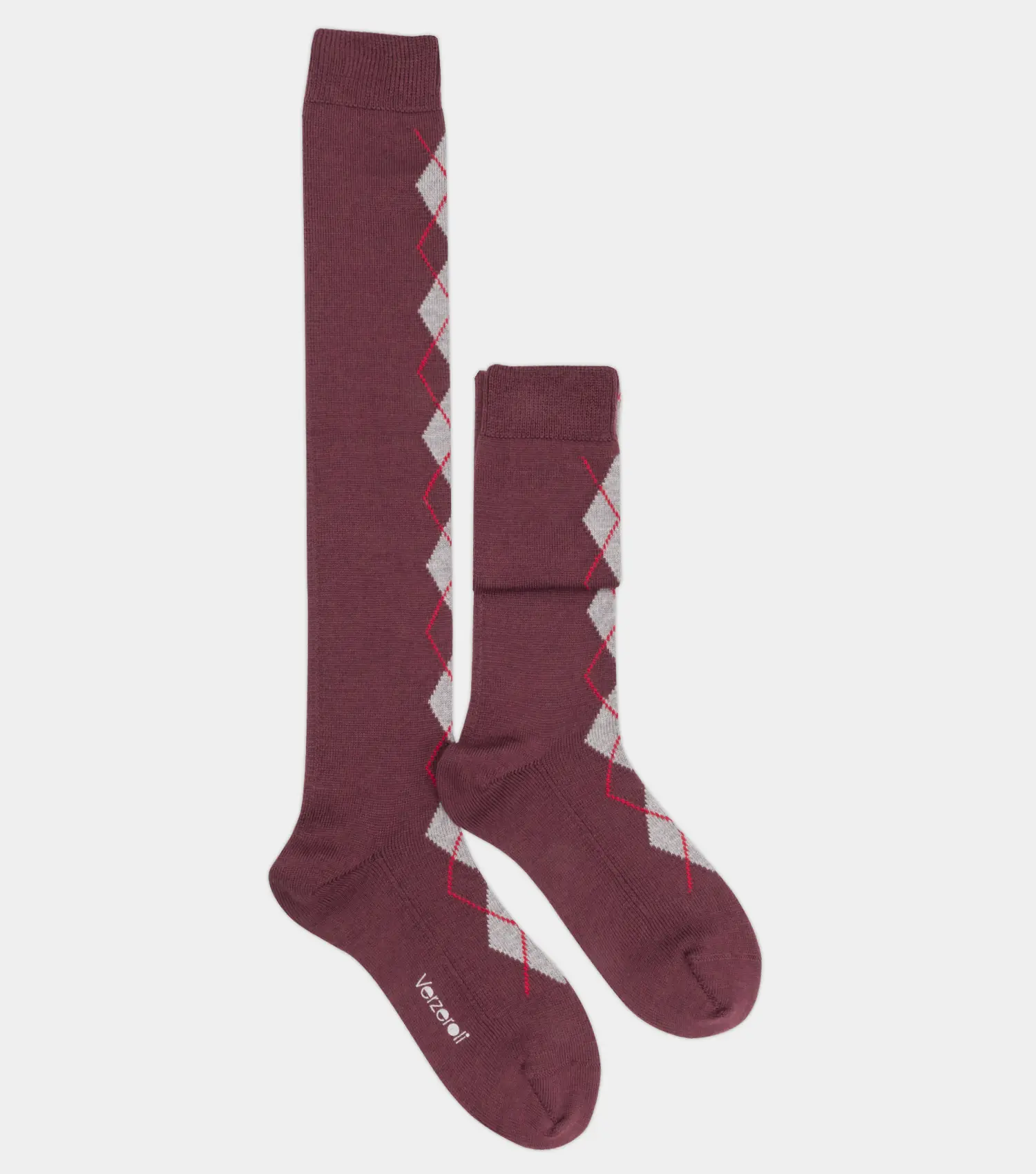 Calza lunga fantasia argyle in lana, made in Italy, modello Leila – calzino donna elegante e caldo per l’inverno